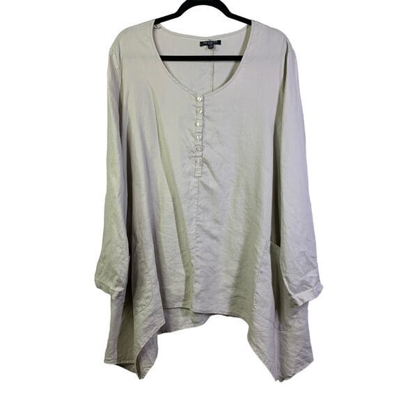 FOR CYNTHIA Blouse Linen Scoop Neck Shark Bite Hem‎ Roll Tab Sleeves W/Pockets - Picture 1 of 12